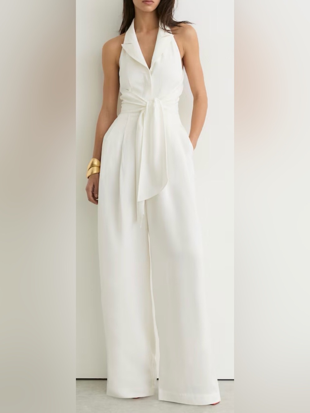 NEW REISS Taya Petite Tie-Front Wide-Leg Jumpsuit with Linen in Ivory Cream 12 P